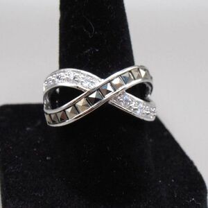 Silver-Plated Crossover Ring Sz 7 – Studded Drama Meets Sparkling Glam